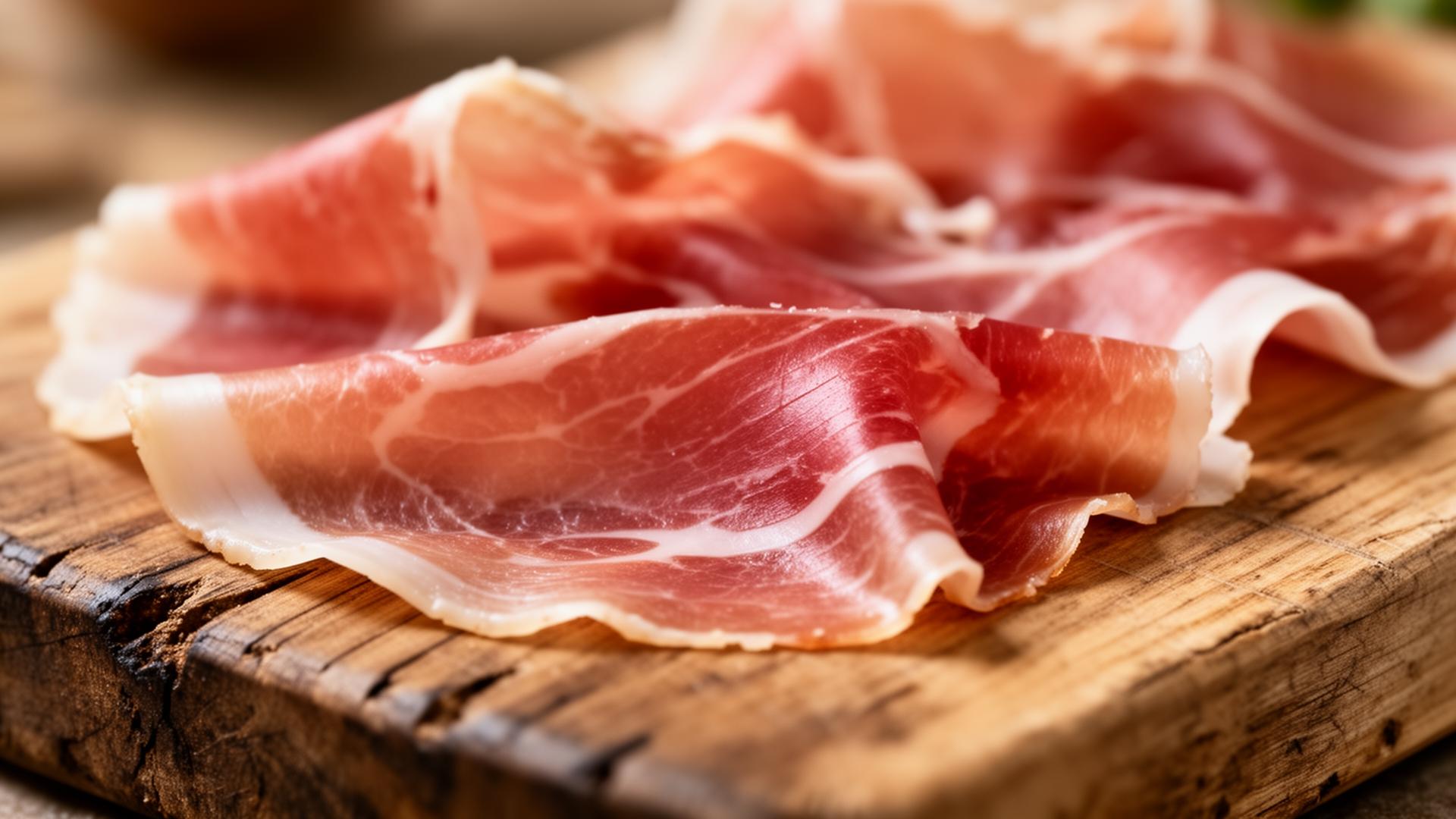 Macro di prosciutto crudo affettato su tavola di legno